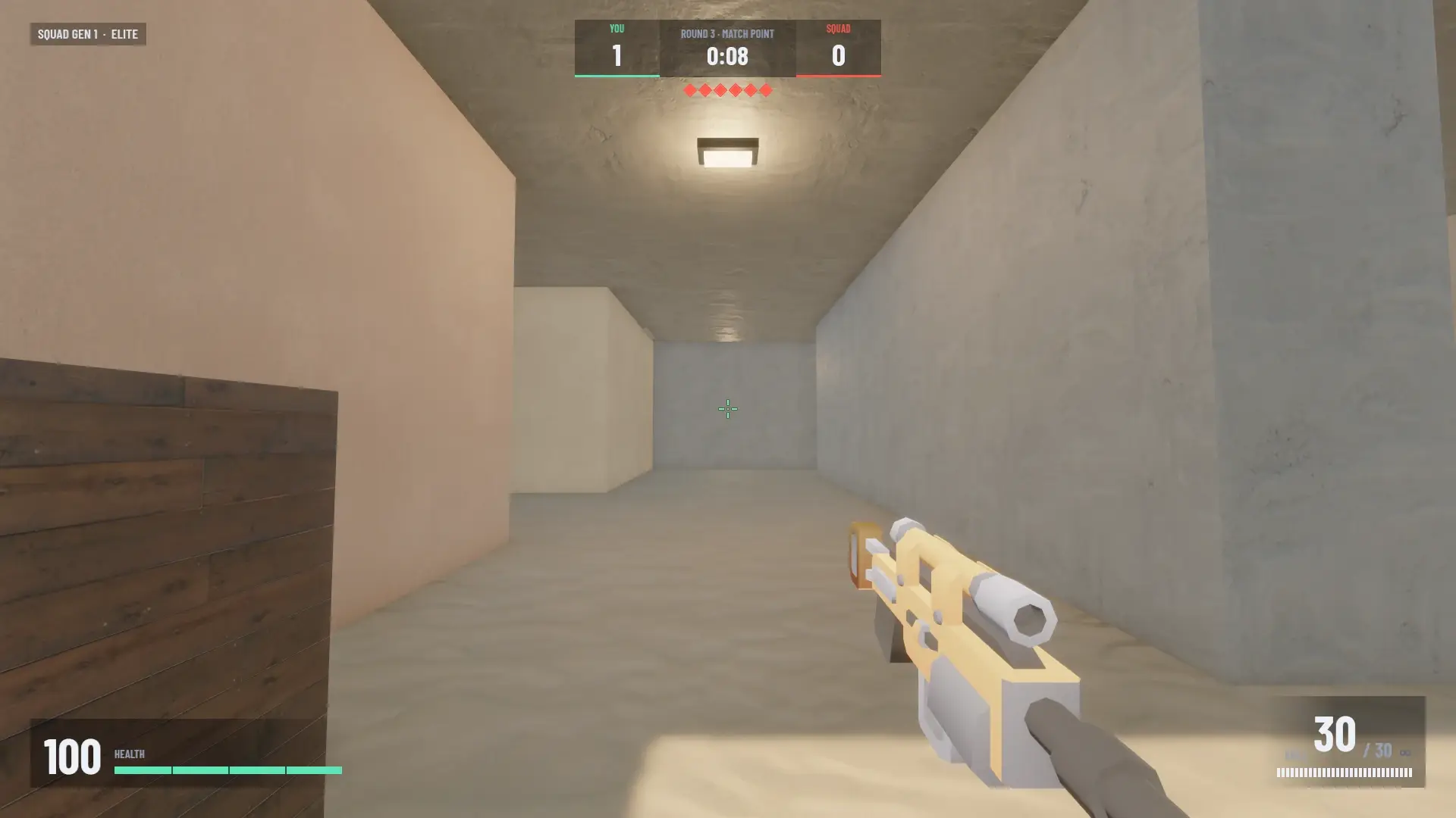 Inside Depot’s roofed B tunnels: a narrow plaster corridor lit by one ceiling lamp, crates at the entrance.