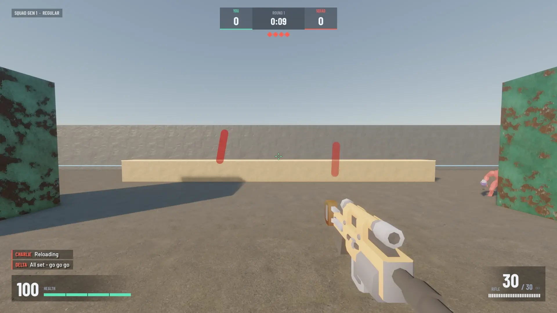 What the player sees on Foundry: red tracers over a low wall, an enemy at the right edge, and the kill feed showing Charlie reloading and Delta calling go.
