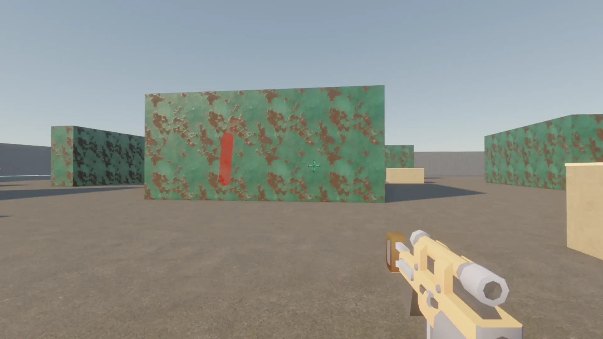 On Foundry an enemy in red runs across the yard in front of a rust-green wall.