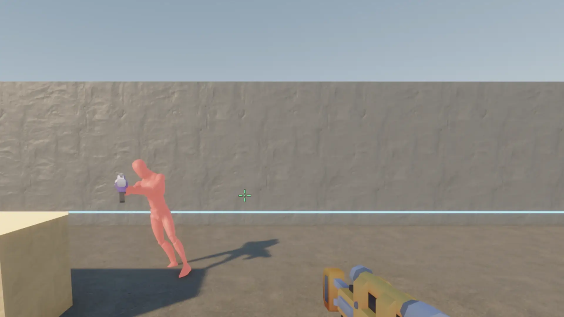 An enemy in red leans out past a concrete wall with something in hand, close to the player.