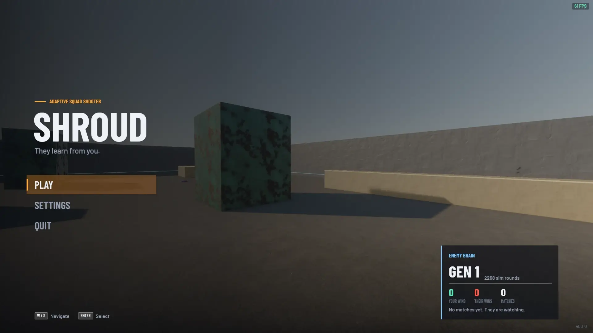 Shroud main menu: the title, the line They learn from you, Play, Settings and Quit, and an Enemy brain panel reading Gen 1 and 2308 sim rounds.