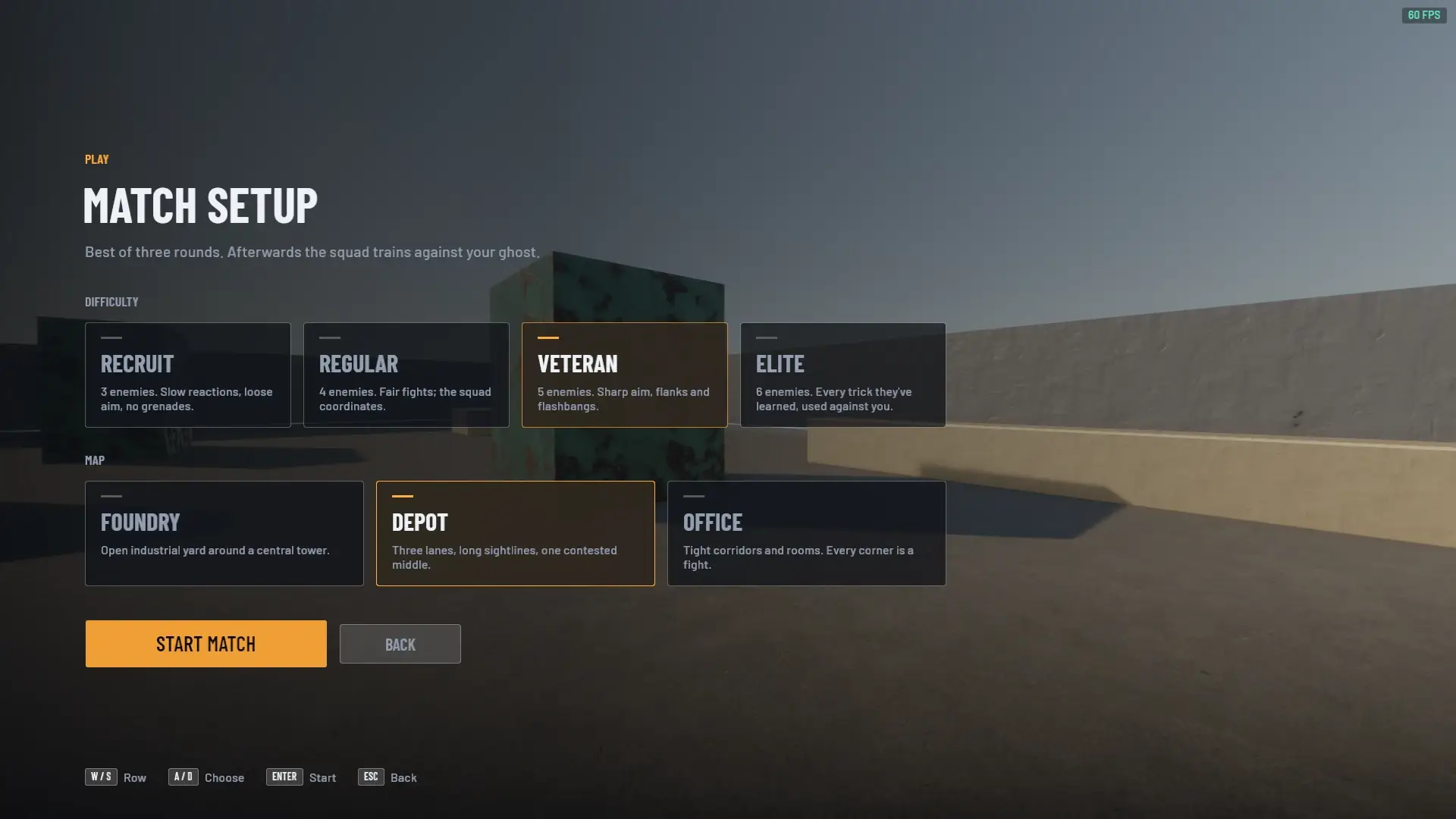 Match setup screen with four difficulty cards, Recruit to Elite, and three map cards, Foundry, Depot and Office.