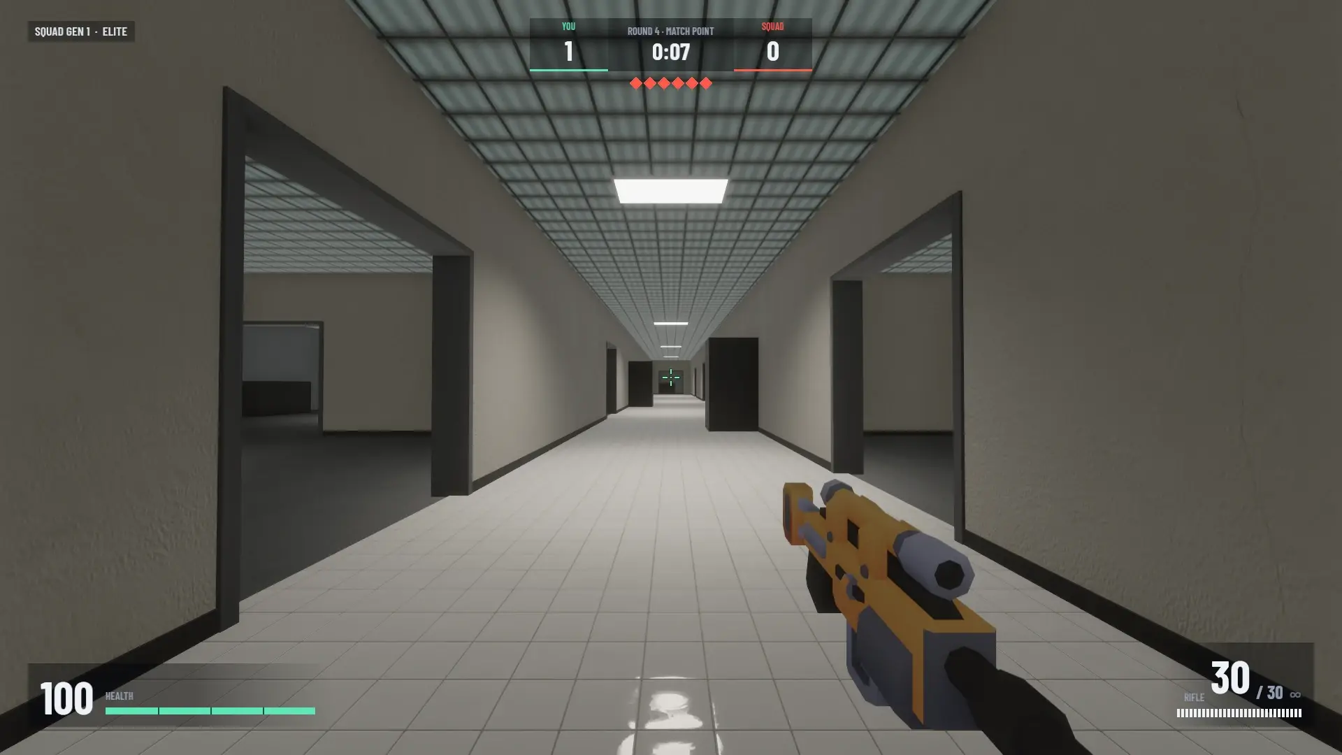 Office west corridor: a long bright hallway with doorways on both sides and ceiling lights running to the far end.
