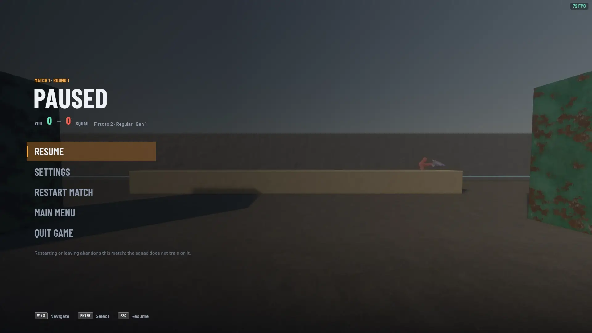 Pause menu over the frozen match with the score line, Resume, Settings, Restart match, Main menu and Quit game.