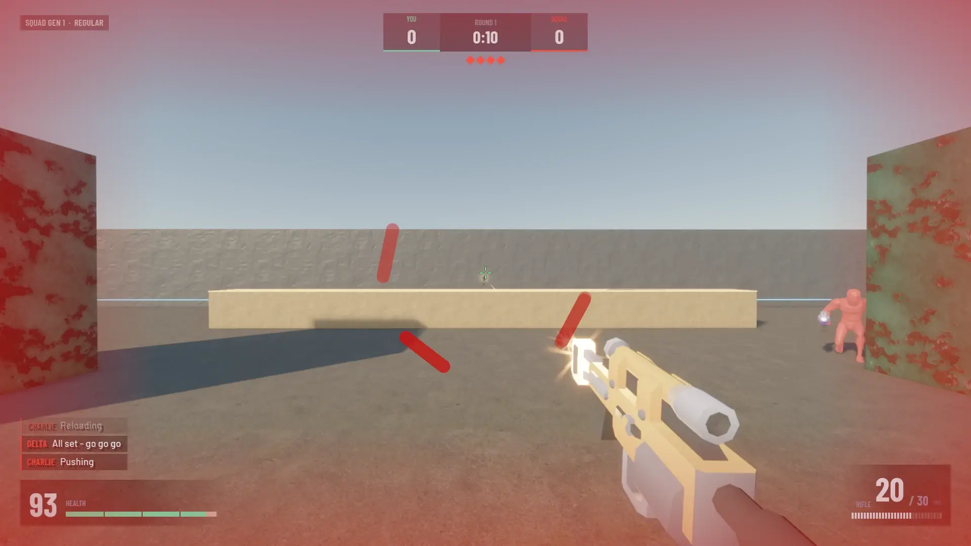 The player fires on Foundry with a red damage vignette around the screen and an enemy at the right wall.