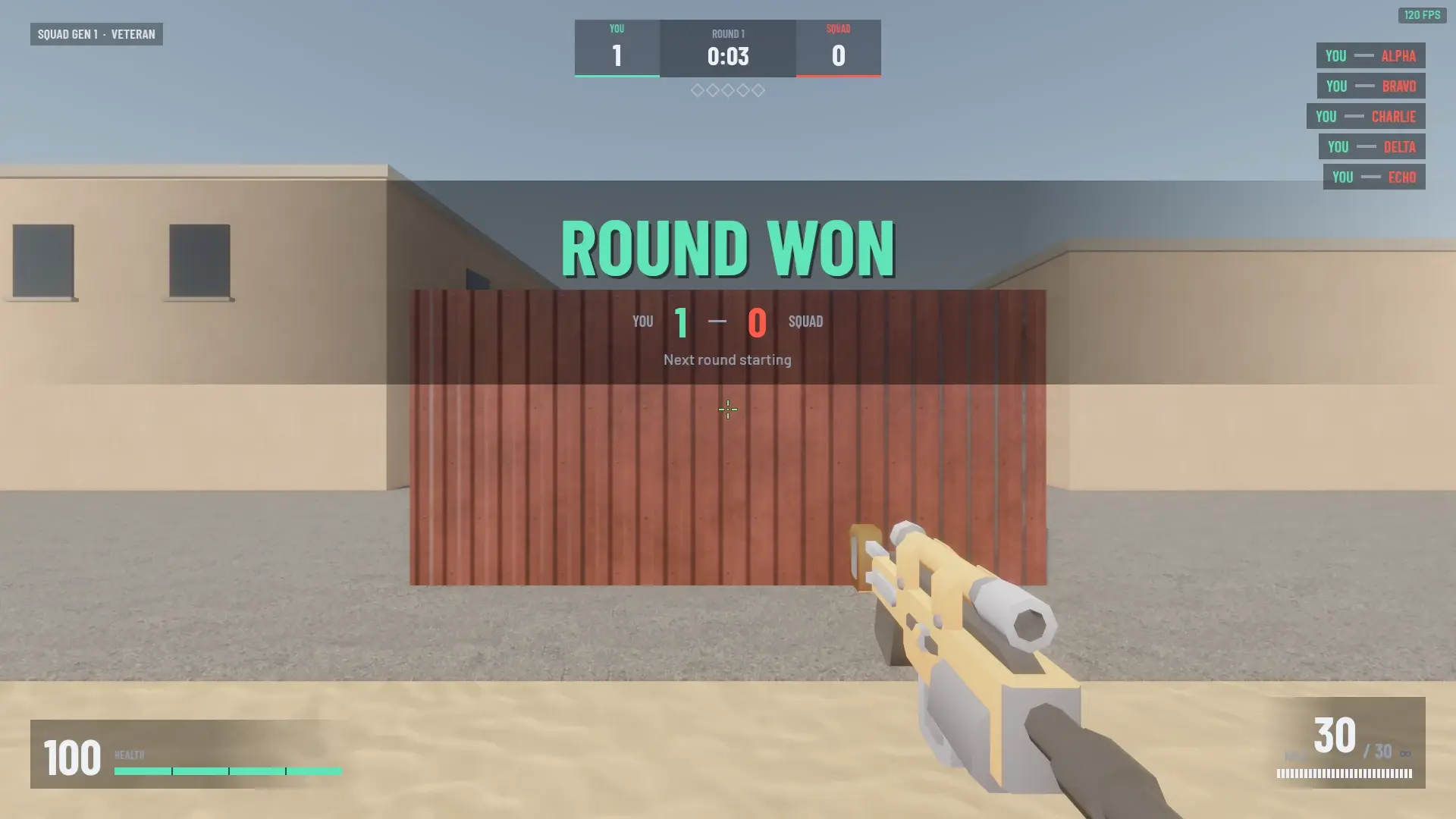 Depot round over screen reading Round won, one to zero, in front of a red shipping container.